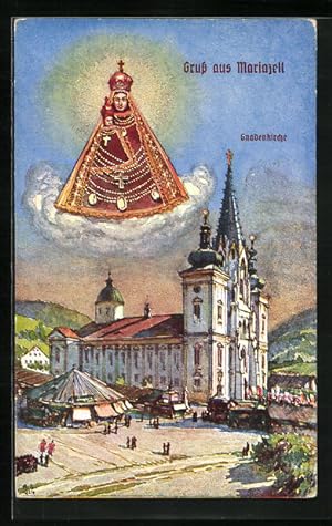 Künstler-Ansichtskarte Mariazell, Schwebende Madonna mit Krone, Kirche aus der Vogelschau