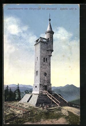 Ansichtskarte Mariazell, Aussichtswarte am Bürgeralpl mit Bergblick