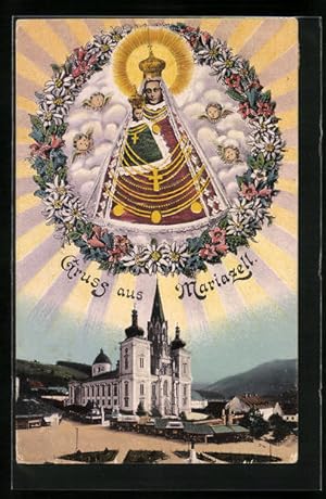 Ansichtskarte Mariazell, Schwebende Jungfrau mit dem Kinde über der Kirche
