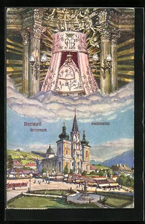 Ansichtskarte Mariazell, Gekrönte Maria mit dem Kinde in Säulengewölbe über der Wallfahrskirche s...