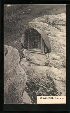Ansichtskarte Mariazell, Ursprung (vergittertes Fenster im Felsen)
