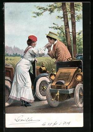 Bild des Verkufers fr Ansichtskarte Zwei Liebende begegnen sich mit ihren Autos zum Verkauf von Bartko-Reher