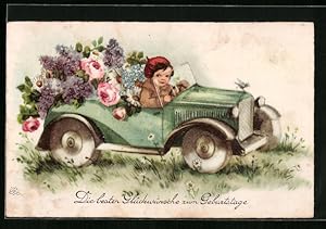 Bild des Verkufers fr Knstler-Ansichtskarte Kind mit roter Mtze und Blumen im Auto - Geburtstagsgruss zum Verkauf von Bartko-Reher