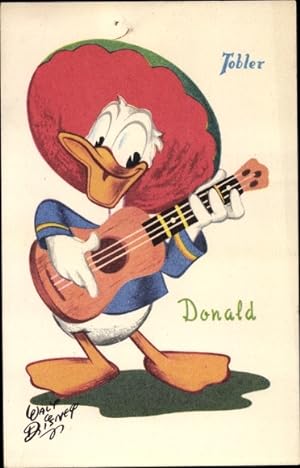 Künstler Ansichtskarte / Postkarte Donald Duck, Gitarre, Sombrero, Walt Disney, Reklame, Tobler S...