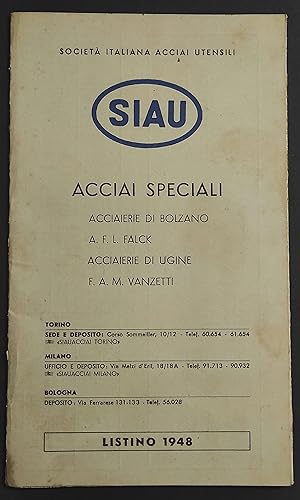 SIAU - Acciai Speciali - Acciaierie Bolzano - Listino 1948