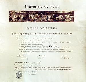 "DIPLÔME DE PROFESSEUR DE FRANÇAIS A L'ÉTRANGER" Diplôme obtenu par Mlle Simone CATTET à l'UNIVER...