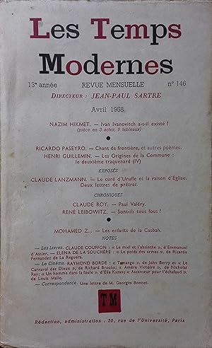 Image du vendeur pour Les Temps modernes N 146 : Ivan Ivanovitch a-t-il exist?, pice de Nazim Hikmet. Henri Guillemin, Claude Lanzmann Avril 1958. mis en vente par Librairie Et Ctera (et caetera) - Sophie Rosire