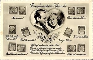 Ansichtskarte / Postkarte Briefmarkensprache, Liebespaar, Herz, Wie liegt so fern die schöne Zeit...