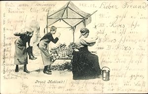 Ansichtskarte / Postkarte Prosit Mahlzeit, Jungen treiben Schabernack mit Frau, Frosch am Seil