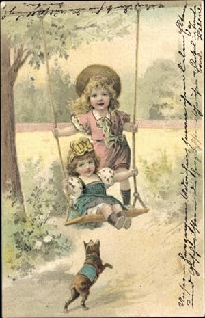 Ansichtskarte / Postkarte Zwei Kinder auf einer Schaukel, Hund