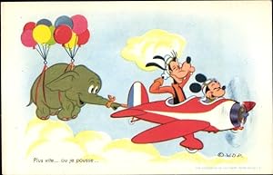 Künstler Ansichtskarte / Postkarte Walt Disney, Mickey Maus und Goofy in einem Flugzeug, Elefant ...