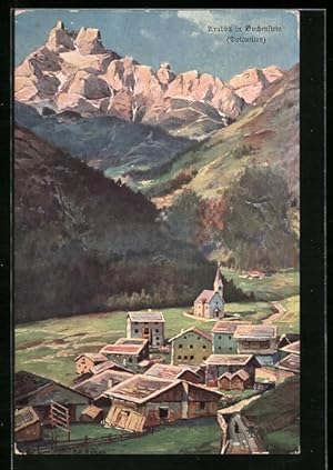 Künstler-Ansichtskarte Rudolf Alfred Höger: Arabba in Buchenstein, Dorf aus der Vogelschau