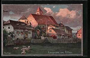 Künstler-Ansichtskarte Rudolf Alfred Höger: Lengmoos am Ritten, Ortspartie im Abendrot