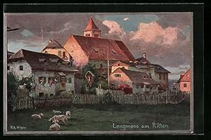 Künstler-Ansichtskarte Rudolf Alfred Höger: Lengmoss am Ritten, Ortspartie im Abendrot