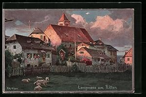 Künstler-Ansichtskarte Rudolf Alfred Höger: Lengmoos am Ritten, Ortspartie mit Bildstock am Abend