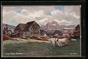 Künstler-Ansichtskarte Rudolf Alfred Höger: Oberbozen, Ortspartie mit Gebirgspanorama
