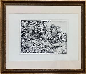 Original-Lithographie "Hinterm Rücken". Hinter dem Rücken eines Jägers entwendet ein Fuchs den ge...