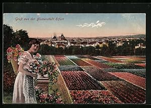 Bild des Verkufers fr Ansichtskarte Erfurt, Frau mit Blumen neben Blumenfeldern vor der Stadt zum Verkauf von Bartko-Reher