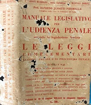 Imagen del vendedor de Manuale Legislativo per L'Udienza Penale (Secondo la Legislazione Fascista) Le Leggi Complementari ai Codici Penale e di Procedura Penale a la venta por Biblioteca di Babele