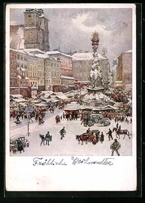 Bild des Verkufers fr Knstler-Ansichtskarte Linz a. D., Weihnachtsmarkt und Pestsule zum Verkauf von Bartko-Reher
