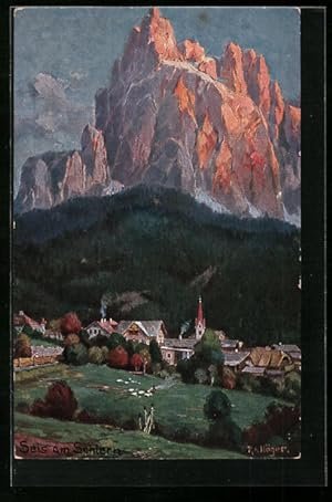 Künstler-Ansichtskarte Rudolf Alfred Höger: Seis am Sehlern, Ortsansicht vor Dolomiten
