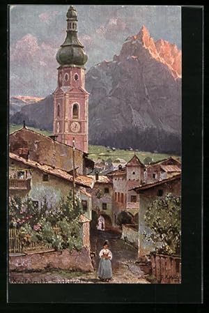 Künstler-Ansichtskarte Rudolf Alfred Höger: Kastelruth, Ortsansicht mit Dolomitenkulisse