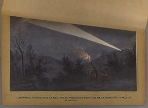 Zeppelin surpris dans la nuit par le projecteur d'un fort de la frontière française. Gravure colo...