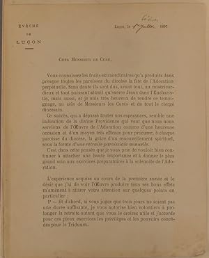 Lettre de Monseigneur l'évêque de Luçon aux curés, au sujet de l'Oeuvre de l'adoration. 1er févri...