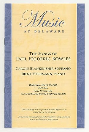 Imagen del vendedor de [Program]: Music at Delaware: The Songs of Paul Frederic Bowles a la venta por Between the Covers-Rare Books, Inc. ABAA