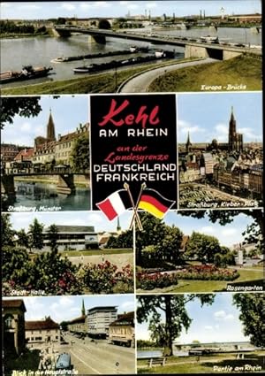 Bild des Verkufers fr Ansichtskarte / Postkarte Kehl am Rhein, Strasbourg, Grenze Deutschland Frankreich, Europa-Brcke, Rosengarten, Mnster zum Verkauf von akpool GmbH