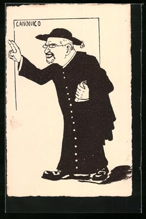 Ansichtskarte Kanoniker als Karikatur mit Gebetsbuch zwei Finger in die Luft haltend