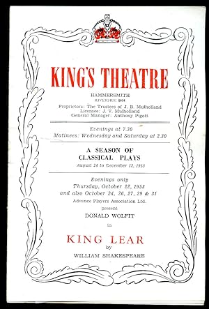 Seller image for King Lear: Souvenir Theatre Programme Performed at King's Theatre, Hammersmith, London for sale by Little Stour Books PBFA Member