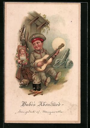 Seller image for Lithographie Bubis Abendlied, Junge singt fr die Freundin, Kinder Kriegspropaganda for sale by Bartko-Reher