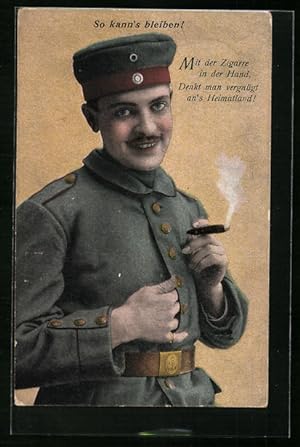 Künstler-Ansichtskarte Soldat in Uniform, mit der Zigarre in der Hand, denkt man vergnügt ans Vat...