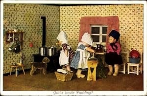 Ansichtskarte / Postkarte Gibt's heute Pudding, Köchinnen und Junge in niederländischen Trachten,...