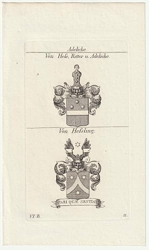 Immagine del venditore per Adeliche: Von Hess, Ritter u. Adeliche / Von Hessling. Original-Kupferstich mit 2 Wappen. venduto da Antiquariat Dennis R. Plummer