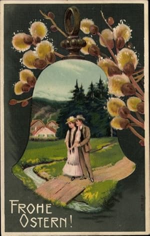 Präge Ansichtskarte / Postkarte Glückwunsch Ostern, Weidenkätzchen, Glocke, Paar