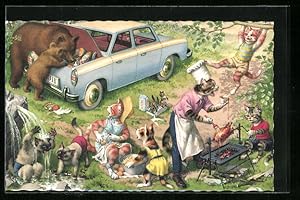 Bild des Verkufers fr Knstler-Ansichtskarte Katzen beim Grillen im Grnen, Bren rumen das Auto aus zum Verkauf von Bartko-Reher