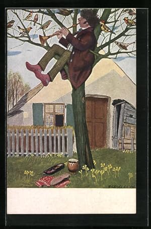Bild des Verkufers fr Knstler-Ansichtskarte Ferdinand Spiegel: Der Sonderling - Mann spielt Vgeln im Baum auf Blasinstrument etwas vor zum Verkauf von Bartko-Reher