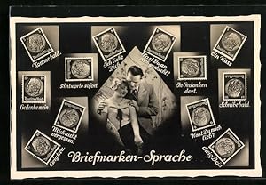 Bild des Verkufers fr Ansichtskarte Briefmarkensprache, Antworte sofort, Komme bald, Gedenke mein, Liebespaar zum Verkauf von Bartko-Reher
