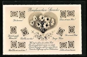 Bild des Verkufers fr Ansichtskarte Briefmarkensprache, Bist Du mir Bse?, Ich erwarte Dich, Innige Ksse, Blumen im Herz zum Verkauf von Bartko-Reher