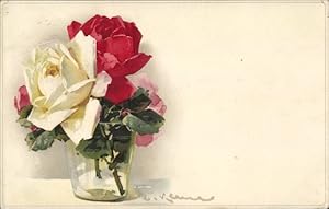 Bild des Verkufers fr Knstler Ansichtskarte / Postkarte Catharina Klein, Rote und weie Rosen in Vase, Meissner und Buch 2232 zum Verkauf von akpool GmbH