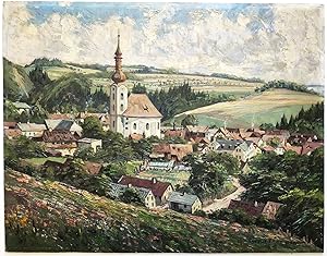Dorfansicht mit Kirche (wohl im Berchtesgadener Land, Chiemgau, Salzburger Land)