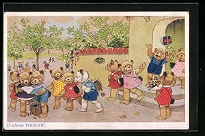 Bild des Verkufers fr Knstler-Ansichtskarte Fritz Baumgarten: O schne Ferienzeit, Brenkinder kommen aus der Schule zum Verkauf von Bartko-Reher