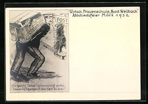 Bild des Verkufers fr Knstler-Ansichtskarte Weilbach, Wirtschaftliche Frauenschule, Ein sperriges Paket, Absolvia 1932 zum Verkauf von Bartko-Reher