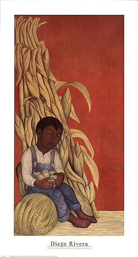 Seller image for DIEGO RIVERA Indigenous Child with Corn Stalks 36" x 19.5" Poster 1999 Red, Brown Boy, Overalls, Sleep, Feet, Apples, Fo for sale by Art Wise