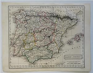 Spain & Portugal entire nation 1860's Biller hand colored map