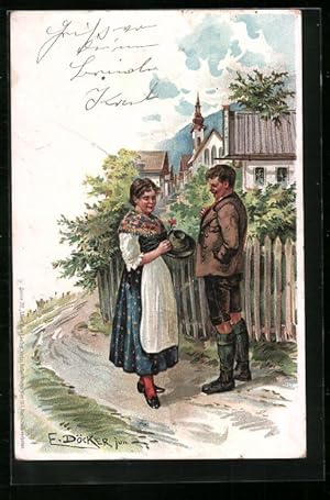 Bild des Verkufers fr Knstler-Ansichtskarte E. Dcker: Angebetete freut sich ber geschenktes Blmchen zum Verkauf von Bartko-Reher