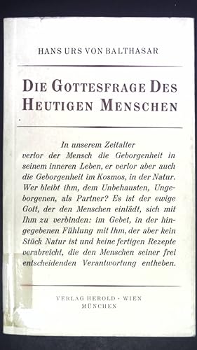 Bild des Verkufers fr Die Gottesfrage des heutigen Menschen. Wissenschaft und Weltbild zum Verkauf von books4less (Versandantiquariat Petra Gros GmbH & Co. KG)