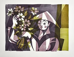 Bild des Verkufers fr Harlekin mit Blumen. [Signierter Original-Farbholzschnitt/Signed original color woodcut]. zum Verkauf von Antiquariat Lenzen